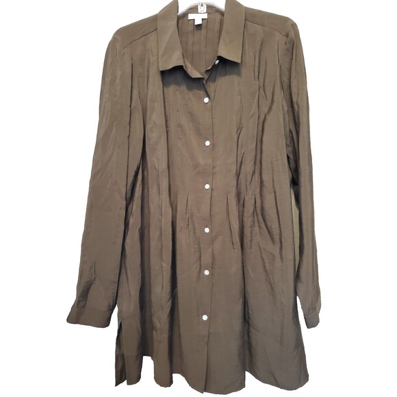 J Jill Olive Green Tencel Blend Pleated Long Sleeve Button-Up Tunic Size XL Tall - Picture 1 of 6